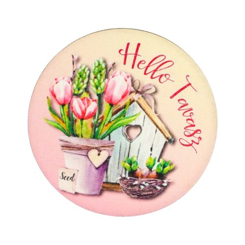 Nyomtatott fa tábla koszorú közép - Hello Tavasz - tulipános 14,8