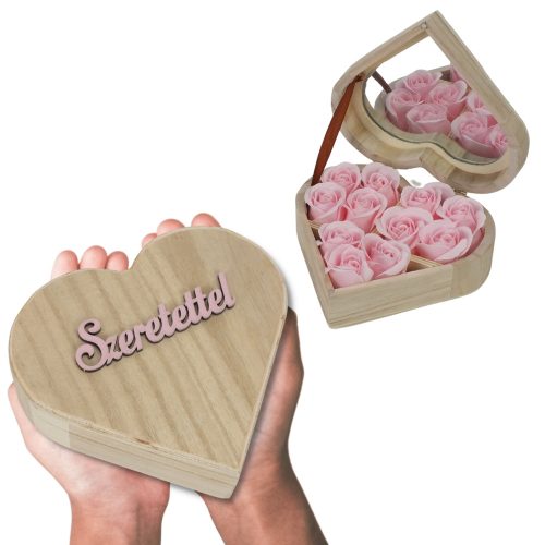 Szappanrózsa szív dobozban "Szeretettel" felirattal rózsaszín