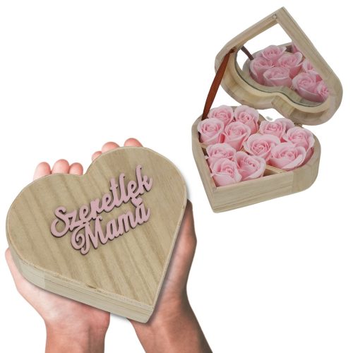 Szappanrózsa szív dobozban "Szeretlek mama" felirattal rózsaszín