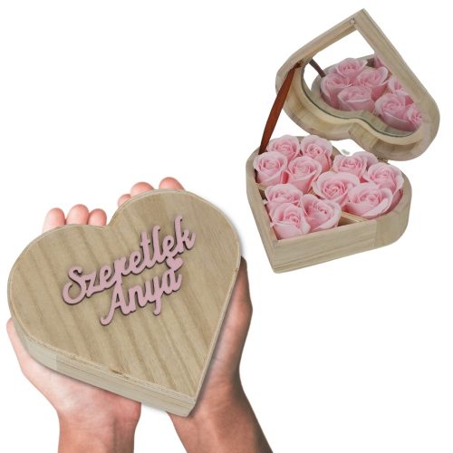 Szappanrózsa szív dobozban "Szeretlek anya" felirattal rózsaszín